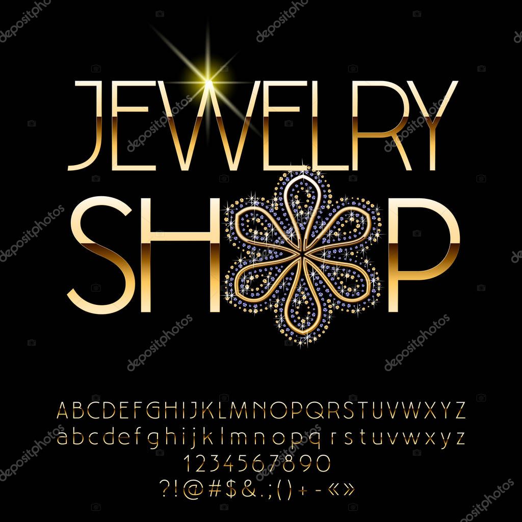 Vector Gold logo Jewerly Shop. Set of slim Letters, Numbers and Symbols.