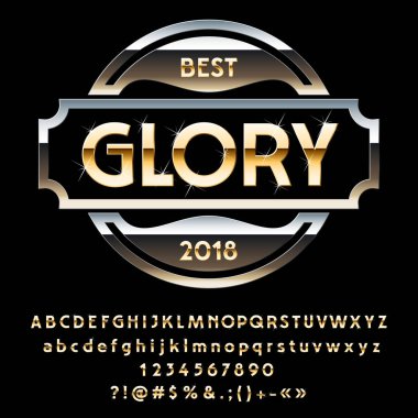 Metalik altın logo zafer parlak yıldız ile vektör. Alfabe harfler, sayılar ve simgeler kümesi