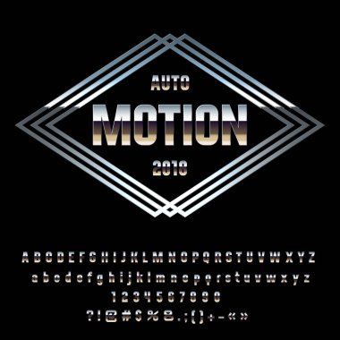 Yansıtıcı metalik Logo otomatik hareket 2018 vektör. Alfabe harfler, sayılar ve noktalama işareti birleşimlerinden kümesi