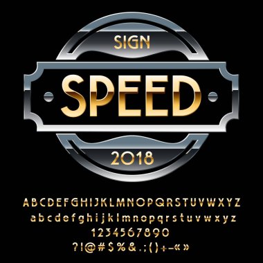 Vektör Logo motosiklet ve araba dükkan için altın ve gümüş. Altın alfabe harfler, sayılar ve simgeler kümesi