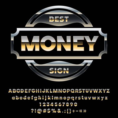 Vektör siyah Metal işareti en iyi para. Yansıtıcı altın Alfabe harf, sayı ve sembol kümesi