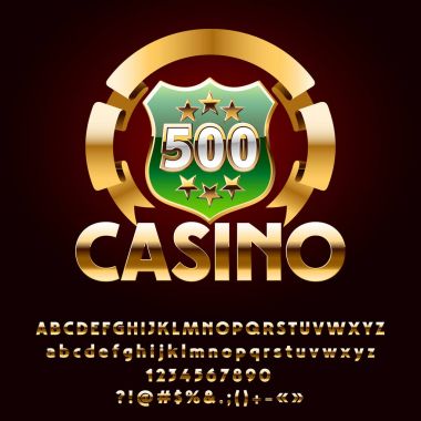 Vektör lüks parlak Casino amblemi ile kurdele. Şık altın Alfabe harf, sayı ve sembol kümesi