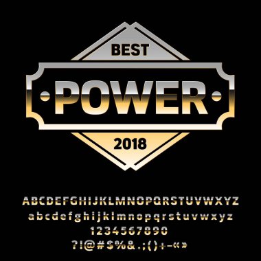 Altın metalik amblemi en iyi güç vektör. Platin alfabe harfler, sayılar ve simgeler kümesi