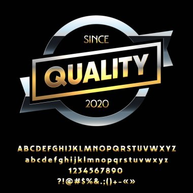 Vektör şerit kalitesi ile parlak altın etiket. Degrade özel Alfabe harf, sayı ve simge kümesi