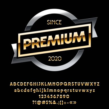 Vektör metalik işareti Premuim. Altın parlak alfabe harfler, sayılar ve simgeler kümesi