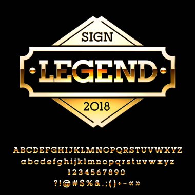 Zengin altın efsane işareti vektör. Lüks alfabe harfler, sayılar ve simgeler kümesi