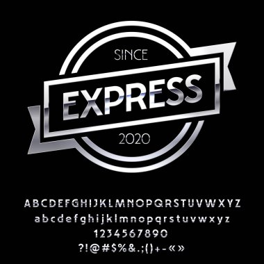 Vektör gümüş logosu ile metin Express. Krom alfabesi harfleri, sayıları ve noktalama işaretlerini simgeler kümesi.