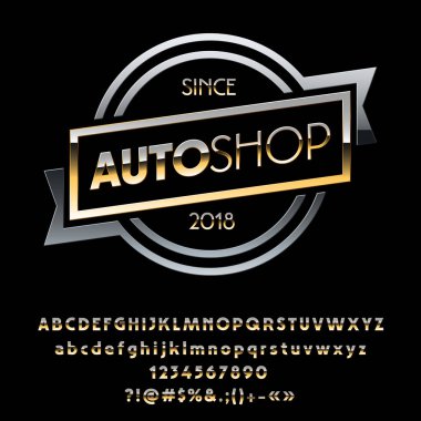 Vektör Logo motosiklet ve otomatik Shop altın ve gümüş. Altın alfabe harfler, sayılar ve simgeler kümesi