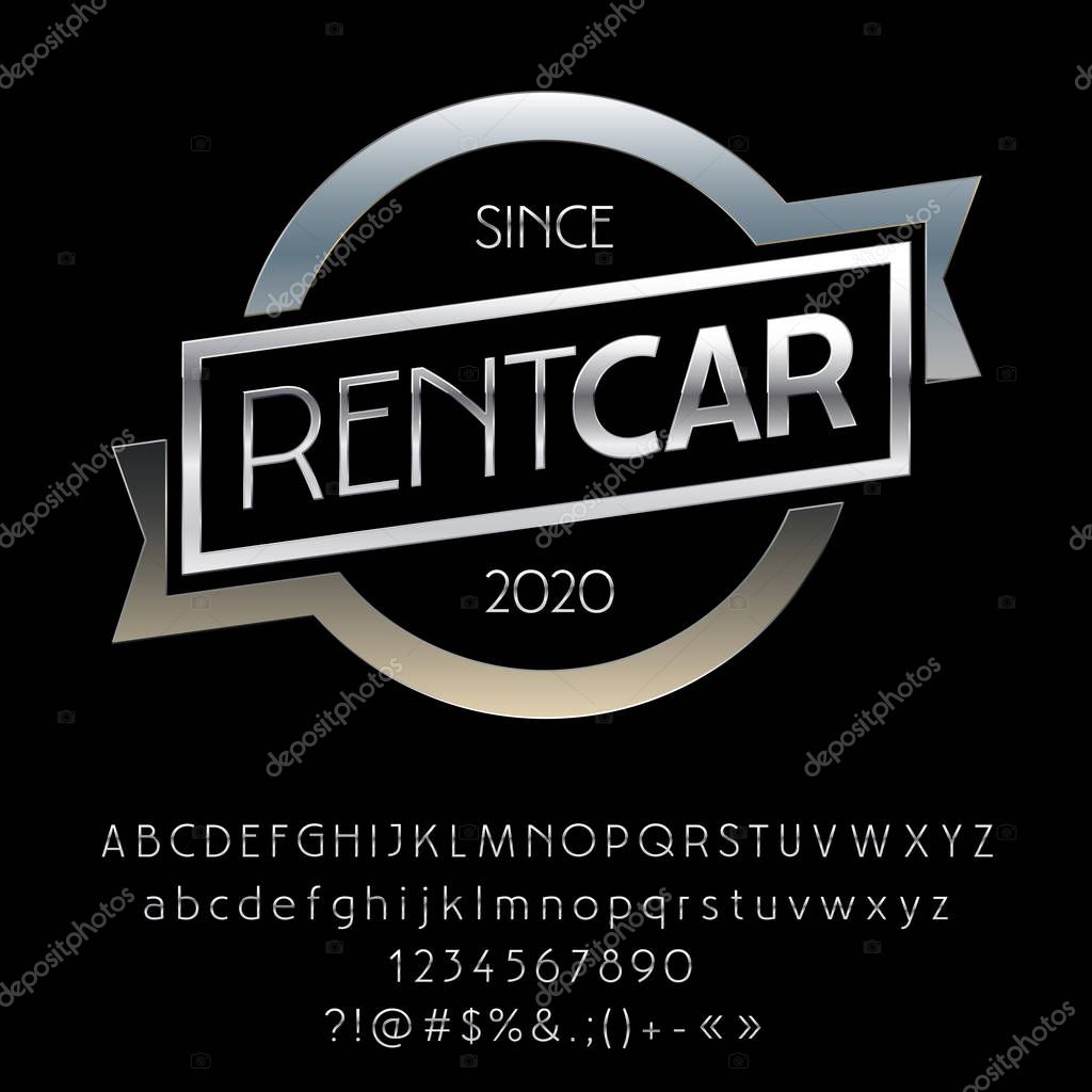 Vector Silver Logo with text Rent Car. Set of Chrome Alphabet Letters, Numbers and Punctuation symbols.