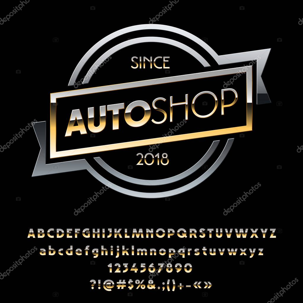 Vector Golden and Silver Logo for Motorbike and Auto Shop. Set of Golden Alphabet Letters, Numbers and Symbols