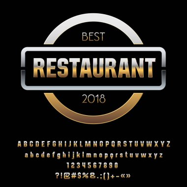Altın ve gümüş iş logo en iyi restoranı vektör. Lüks alfabesi harfleri, sayıları ve sembolleri zarif ayarla