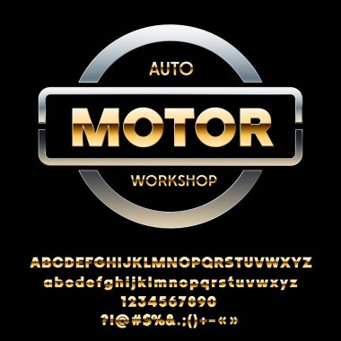 Vektör gümüş amblemi otomatik Motor Atölyesi. Altın alfabe harfler, sayılar ve noktalama işareti birleşimlerinden kümesi