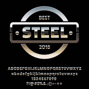 Vektör yansıtıcı Metal amblemi en iyi çelik. Alfabe harfler, sayılar ve noktalama işareti birleşimlerinden parlak kümesi
