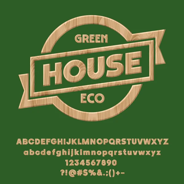 ベクトル記号木製エコ緑の家 木の質感のアルファベット文字 および記号のセット — ストックベクタ
