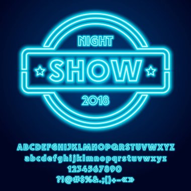 Vektör Neon işareti gece gösteri. Mavi parlak Alfabe harf, sayı ve sembol kümesi