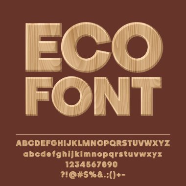 Ahşap dokulu Eco Font vektör. Doğal tarzı Alfabe harf, sayı ve simge kümesi