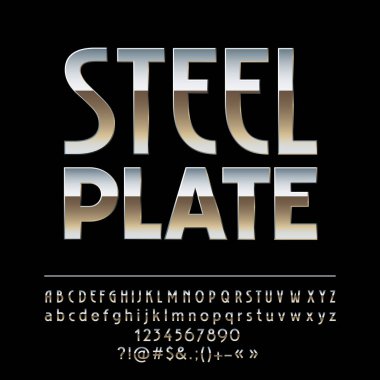 Vektör yansıtıcı alfabe çelik. Parlak dizi şık metalik alfabesi harfleri, sayıları ve sembolleri