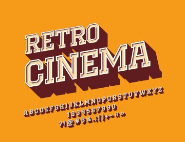 Vektör işareti Retro sinema şık yazı tipi ile döndürülmüş. Vintage 3d alfabesi harfleri, sayıları ve sembolleri