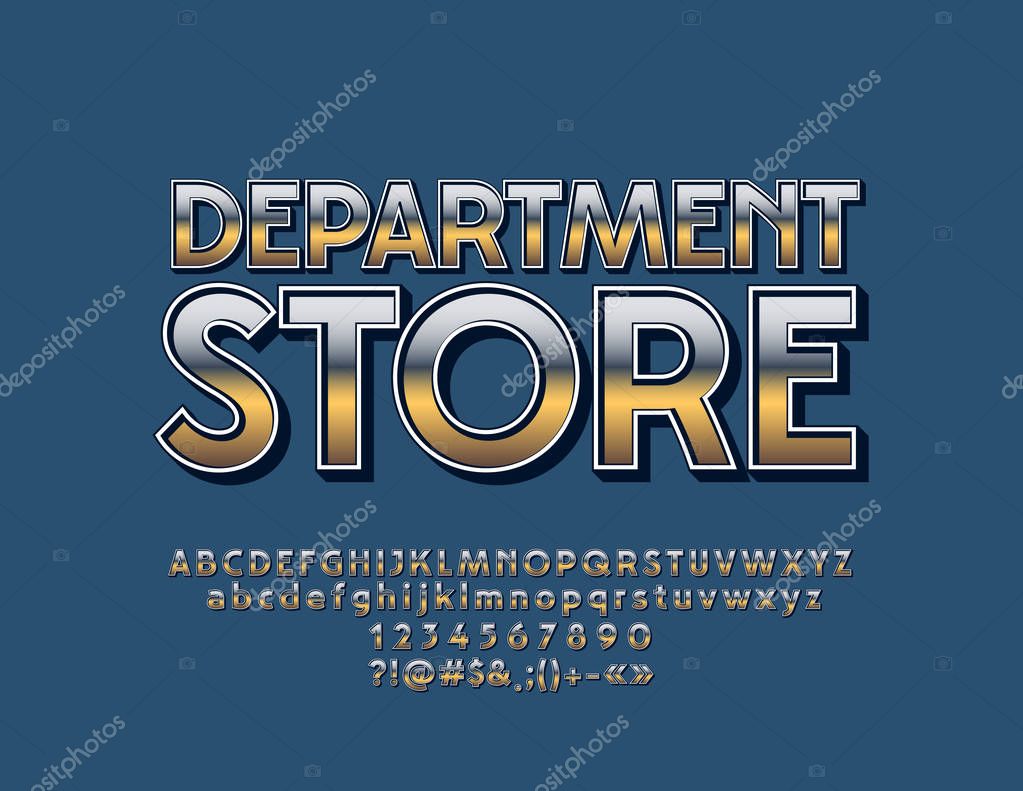 Vector gradient mat mettalic Sign Department Store with Font set. Gold and Silver Alphabet Letters, Numbers and Symbols