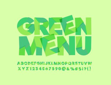Vektör Bio etiket yeşil menü dilimlenmiş. Yazı tipi soyut bırakın. Alfabesi harfleri, sayıları ve sembolleri ekolojik dostu metin için