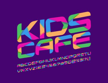 Vektör renkli Logo çocuklar Cafe döndürülmüş. Tatlı parlak yazı tipi. Oynak soyut mozaik alfabesi harfleri, sayıları ve sembolleri