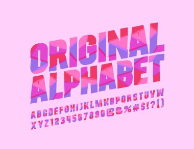 Vektör parlak renk orijinal alfabesi. Pembe, kırmızı veya mor yazı tipi. Soyut mozaik harfler, sayılar ve simgeler