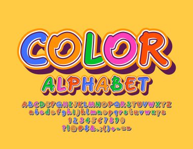 Vektör çocuklar için renkli alfabe. Oynak parlak yazı tipi. Komik alfabesi harfleri, sayıları ve sembolleri