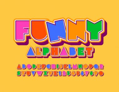 Vektör renkli çocuk komik alfabe. Parlak özgün yazı tipi. Alfabesi harfleri, sayıları ve sembolleri ile gölge