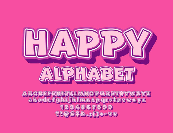 Vector pink funny Happy Alphabet. Playful Font. Sticker style retro Letters, Numbers and Symbols