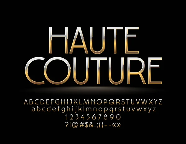 Zarif altın yansıtıcı işaret Haute Couture. Şık stili yazı tipi. Elit alfabesi harfleri, sayıları ve sembolleri