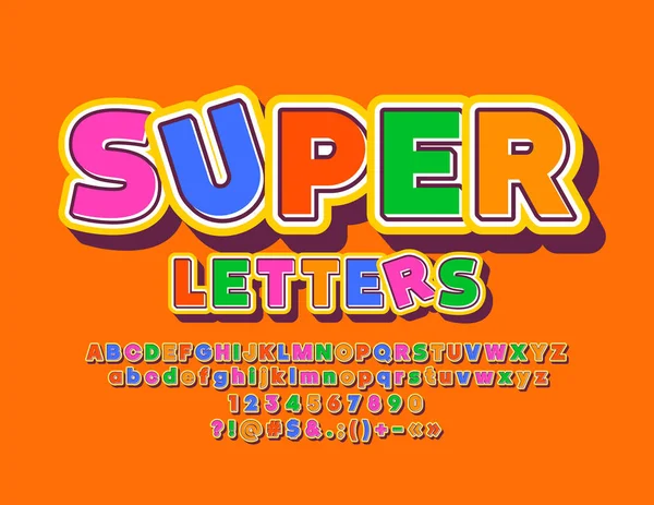 Vecteur Super Enfants Lettres Chiffres Symboles Police Rétro Colorée Alphabet — Image vectorielle