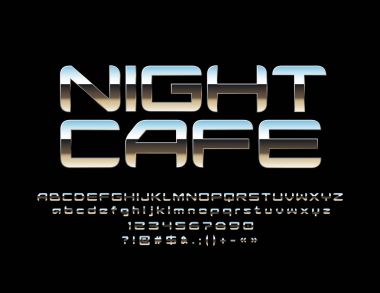Vektör ayna etkisi etiketi gece Cafe. Gümüş yazı tipi yansıtıyordu. Parlak alfabesi harfleri, sayıları ve sembolleri