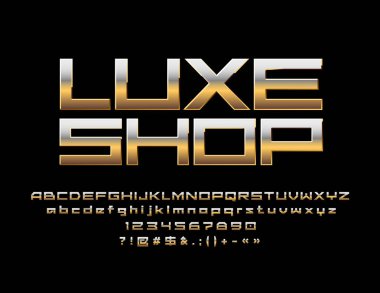 Vektör elit amblemi Luxe Dükkanı. Kare altın yazı tipi. Şık geometrik alfabe harfler, sayılar ve noktalama işareti birleşimlerinden