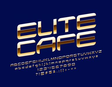 Vektör Altın Elite Cafe imzala. Parlak şık yazı tipi. Döndürülmüş lüks alfabesi harfleri, sayıları ve sembolleri