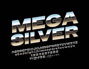 Vektör Mega gümüş yazı tipi döndürülmüş. Parlak alfabe ayarlayın. Metalik yansıtıcı harfler, sayılar ve simgeler