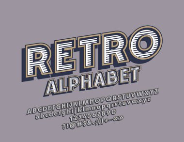 Vektör Retro alfabe. Döndürülmüş yazı tipi stroped. Eğimli Vintage tarzı alfabesi harfleri, sayıları ve noktalama işareti birleşimlerinden