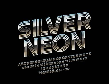 Vektör metalik işareti gümüş Neon. Degrade parlak yazı tipi. Döndürülmüş alfabesi harfleri, sayıları ve sembolleri soyut