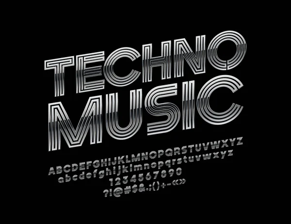 Vektör Parlak Etiket Techno Müzik Gümüş Yazı Tipi Döndürün Şık — Stok Vektör