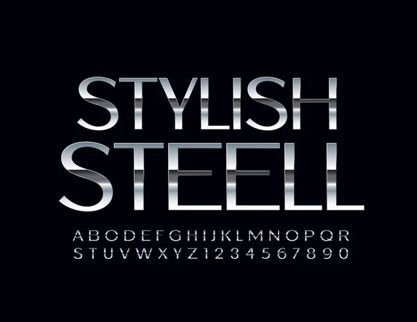 Vektor Stilvolle Stahlschrift Satz Von Buchstaben Und Zahlen Des Silbernen — Stockvektor