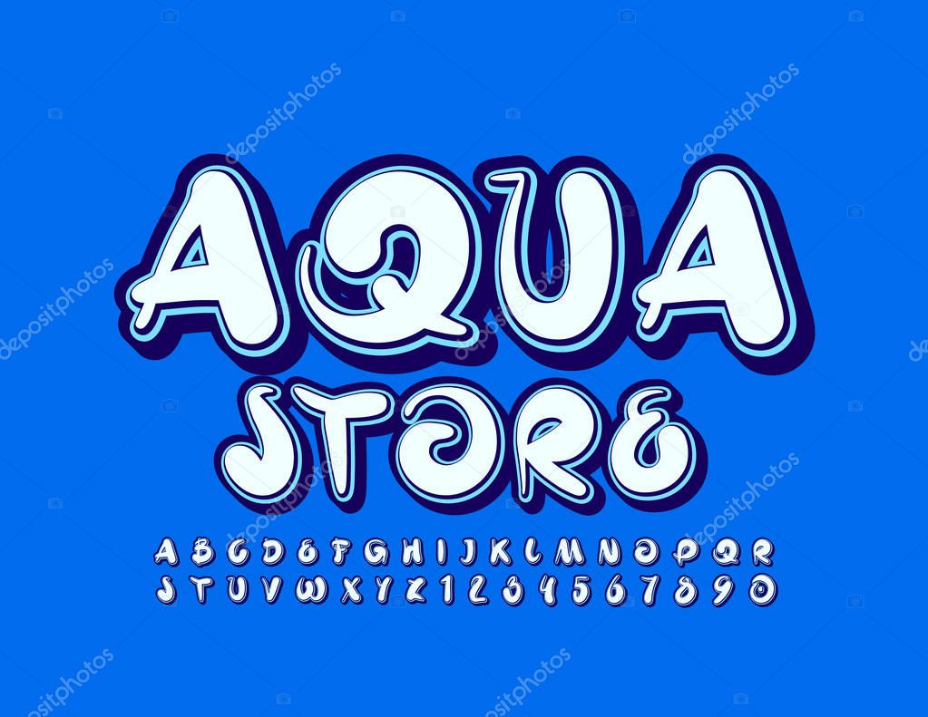Vector blue sign Aqua Store with handwritten Font. Creative Alphabet Letters and Numbers