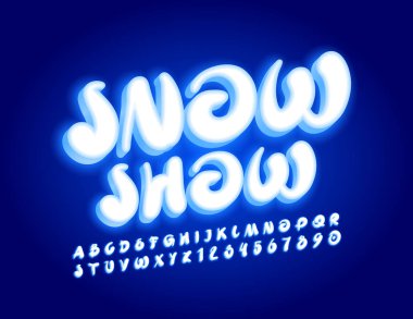 Vektör Neon Banner Kar Şovu. Elektronik modern harfler ve sayılar seti. Parlak Mavi Yazıtipi.