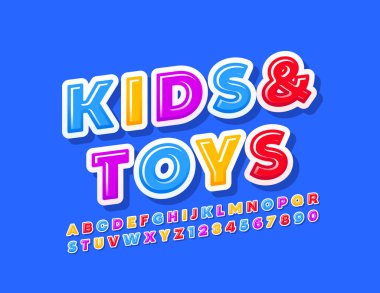 Vektör renkli Amblem Çocuklar ve Oyuncaklar. Çocuklar için parlak yaratıcı yazı tipi. Modern Alfabe Harfleri ve Sayıları.