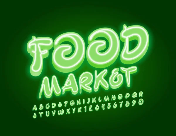 Vector Brillante Banner Food Market Neon Moderno Alfabeto Letras Números — Archivo Imágenes Vectoriales