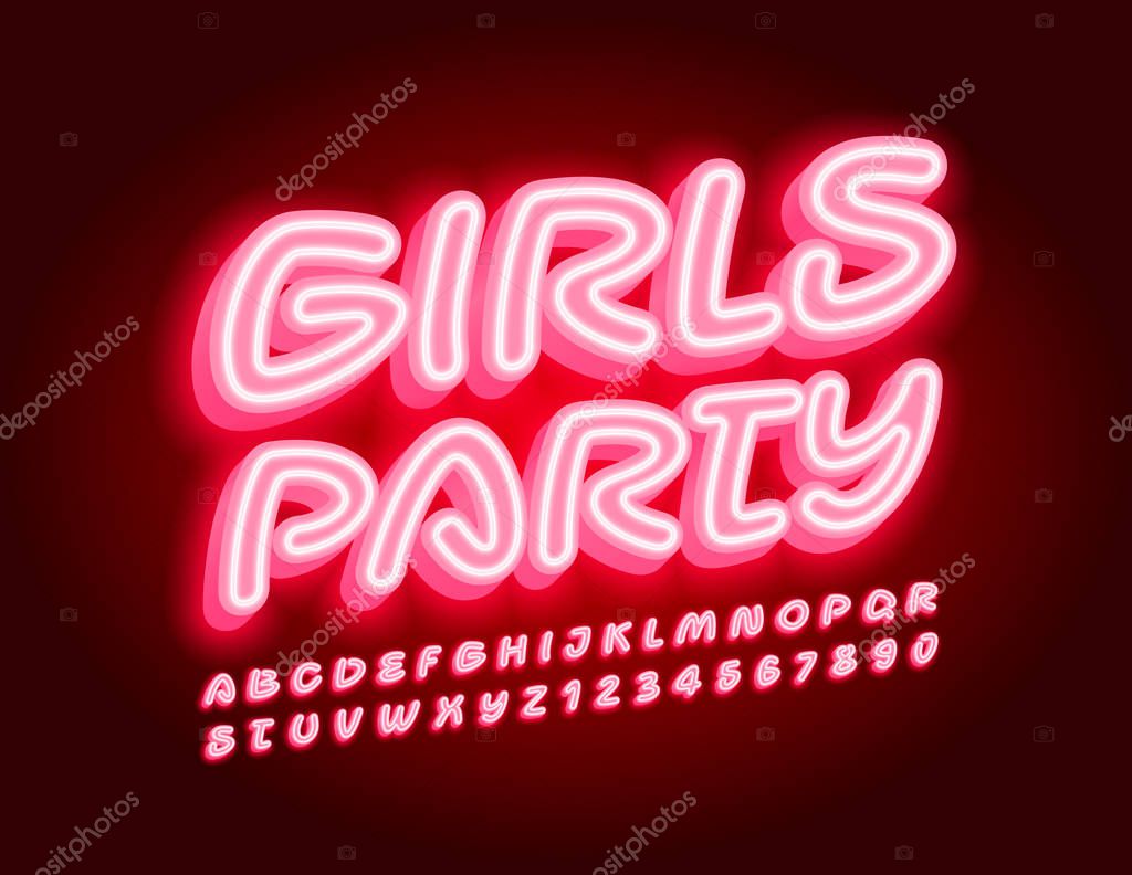 Vector Stylish Emblem Girls Party. Bright Pink Font. Neon glowing Alphabet Letters and Numbers.