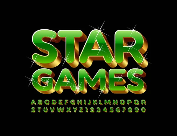 Vector Chic Sparkling Emblem Star Games Unique Font Green Golden — 스톡 벡터