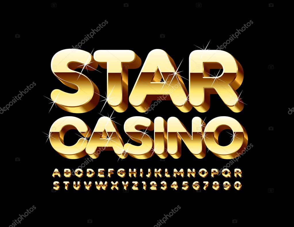 Vector chic sparkling Logo Star Casino. Luxury 3D Font. Golden Alphabet Letters and Numbers.
