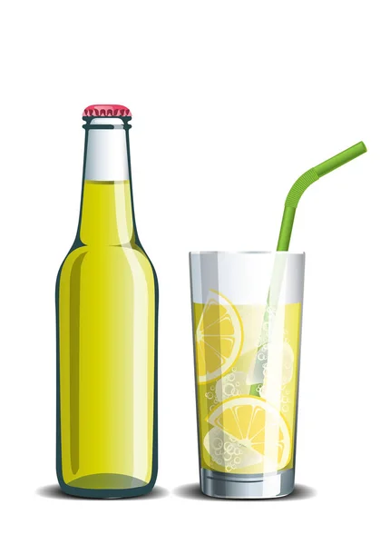 Реалистичная векторная бутылка лимонада и напитки в стакане — стоковый вектор