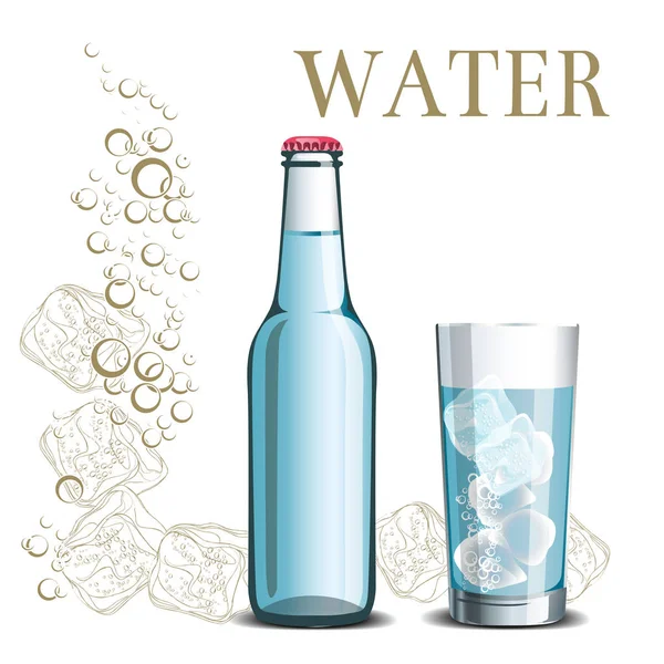 Пляшка води і келих на фоні ескізу — стоковий вектор