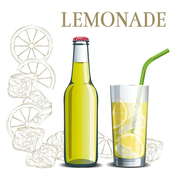 Botella de limonada y un vaso sobre el fondo de un boceto — Vector de stock