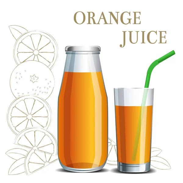 Настоящий апельсиновый сок в банке и стакан с соломинкой — стоковый вектор